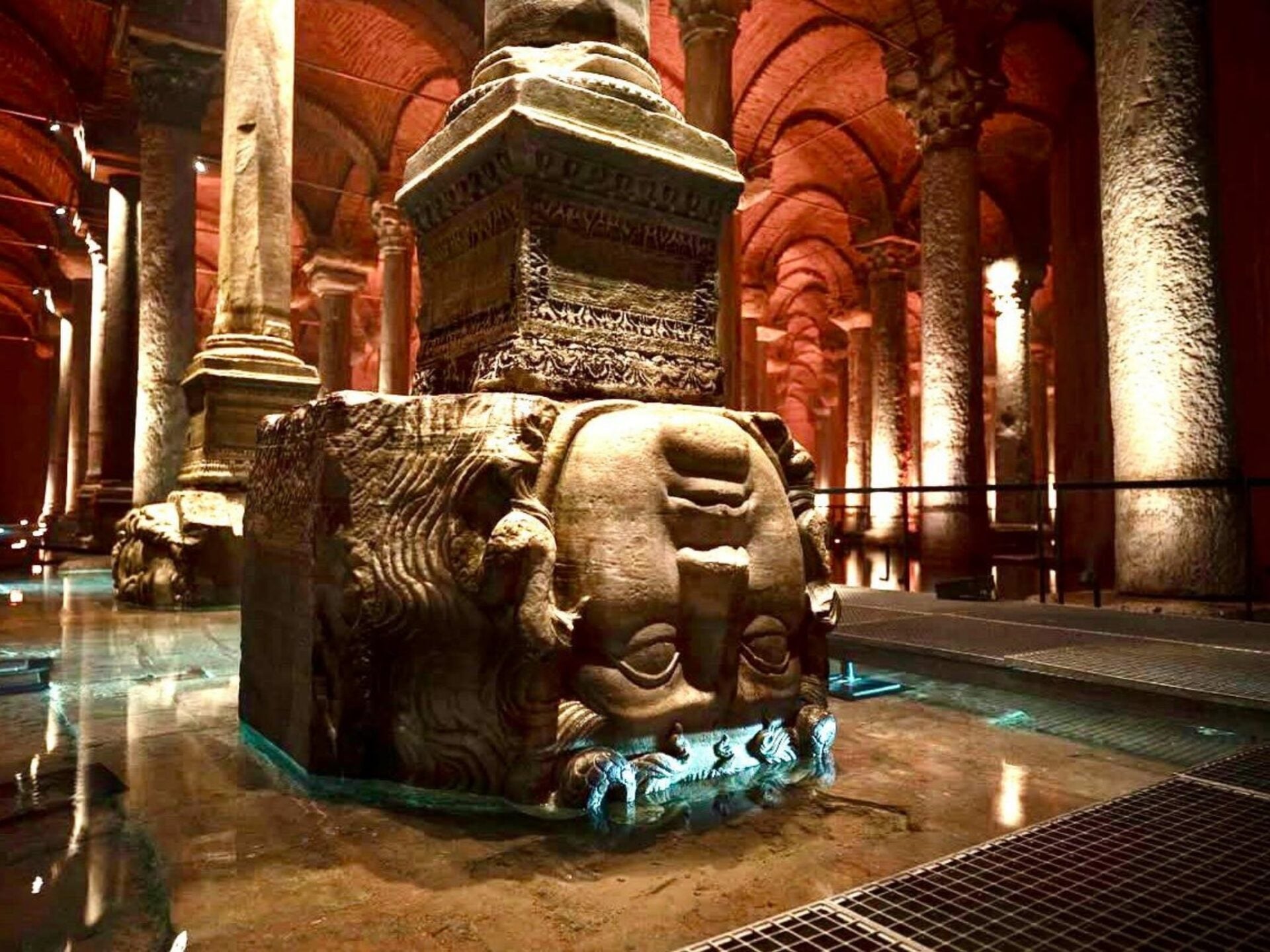 Sideways Medusa head column base in the Basilica Cistern