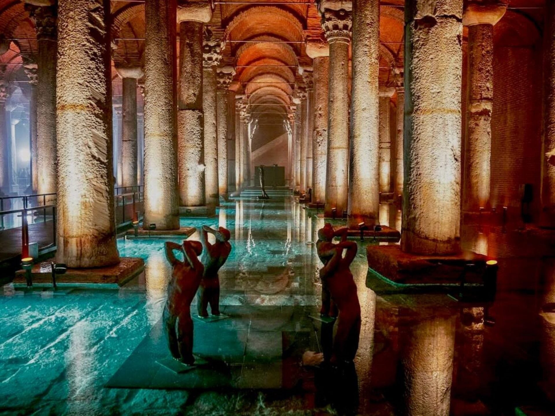 336 marble columns reflected in still water inside the Basilica Cistern