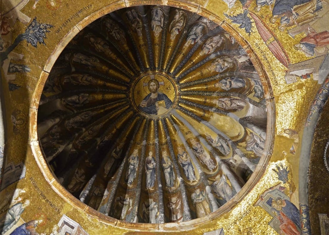 Golden dome mosaic of Christ and his ancestors in Chora's inner narthex
