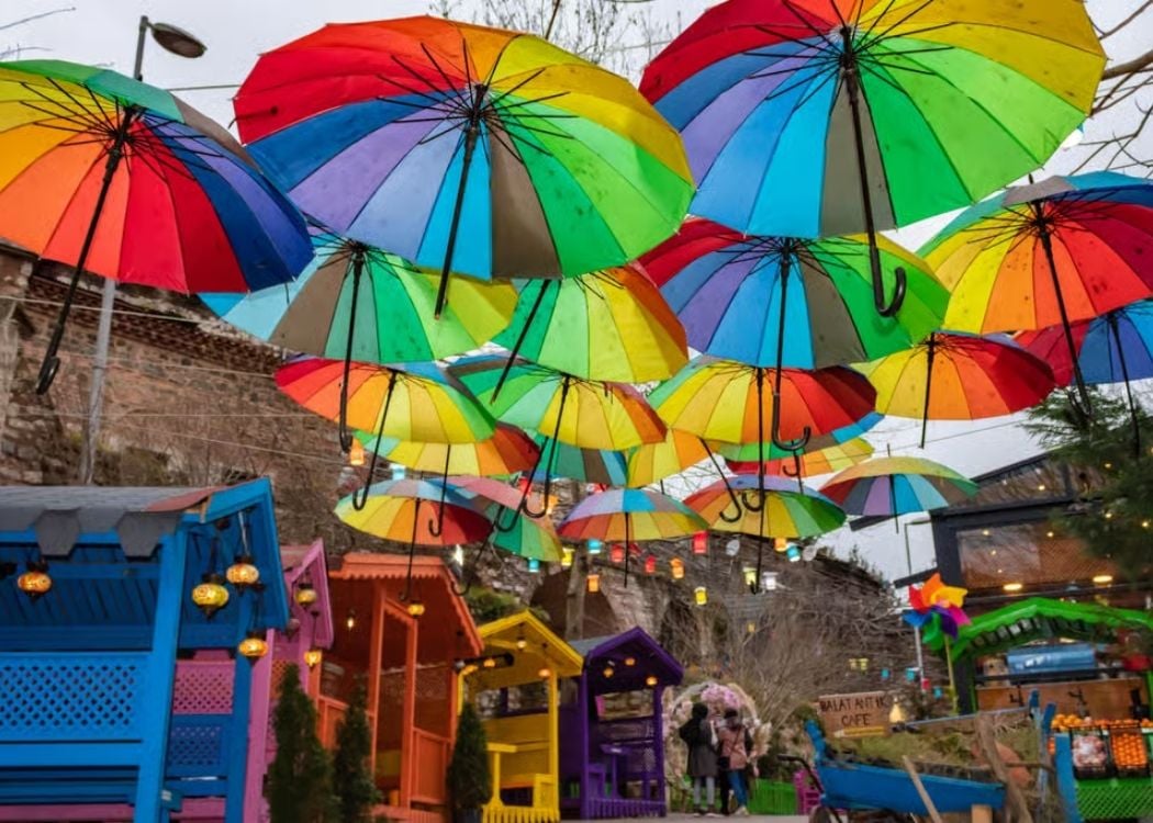 The umbrella-covered café street in Balat
